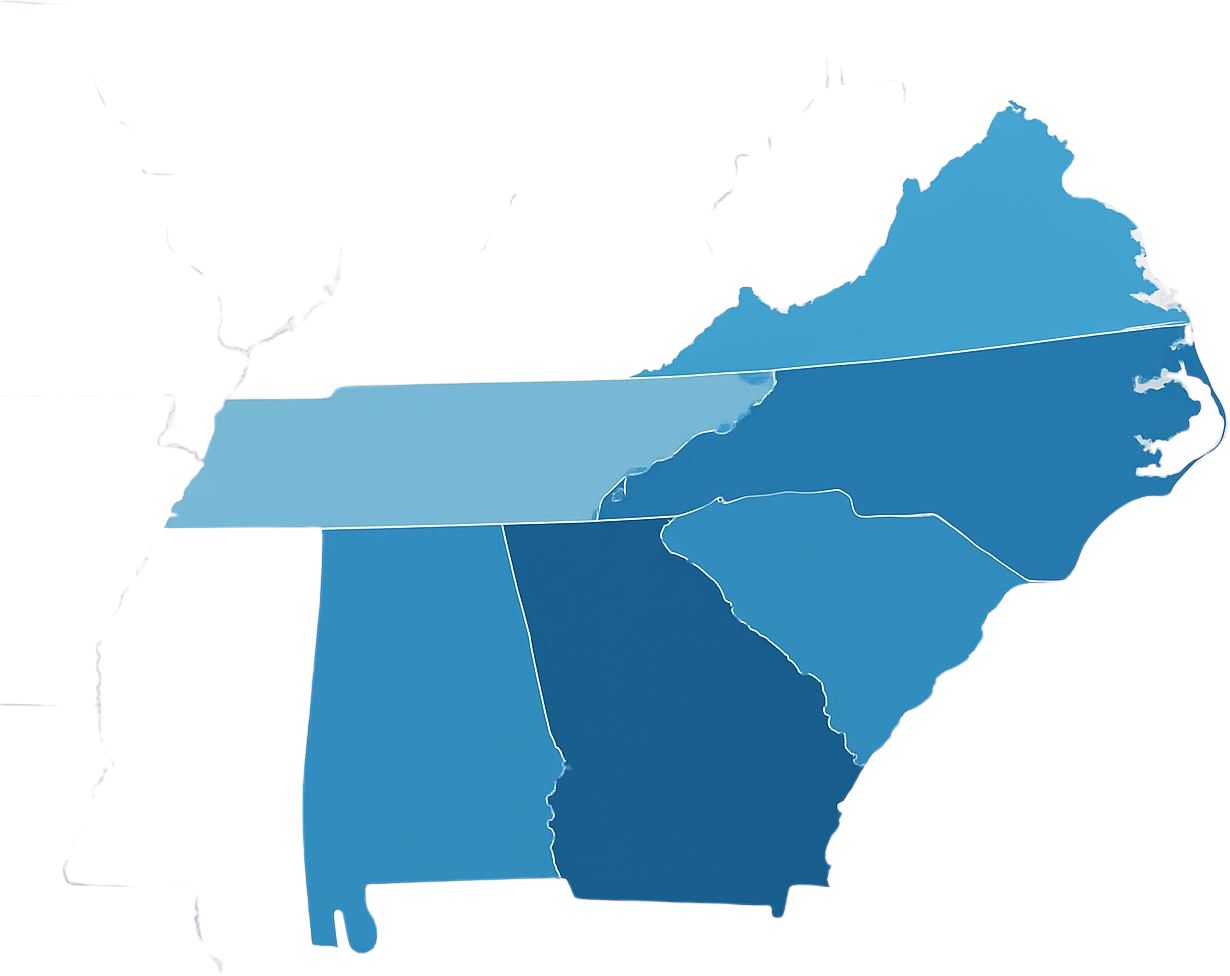 Map of the Southeast United States showing our North Carolina home market and lending footprint